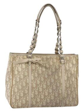Christian Dior Trotter Canvas Romantic Hand Bag PVC Beige Silver
